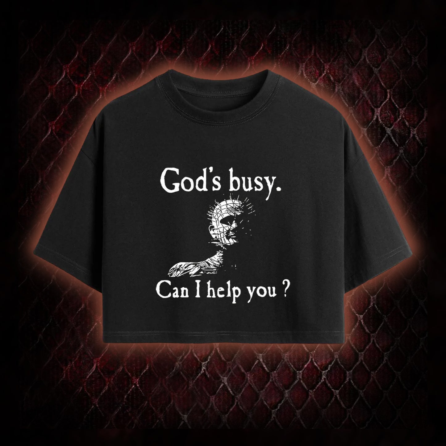 Hellraiser Pinhead 'God's Busy. Can I Help You?' Graphic Cropped T-shirt  - Cult Horror Dark Humor Statement Piece