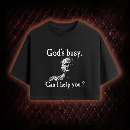 Hellraiser Pinhead 'God's Busy. Can I Help You?' Graphic Cropped T-shirt  - Cult Horror Dark Humor Statement Piece