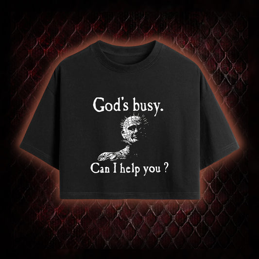 Hellraiser Pinhead 'God's Busy. Can I Help You?' Graphic Cropped T-shirt  - Cult Horror Dark Humor Statement Piece