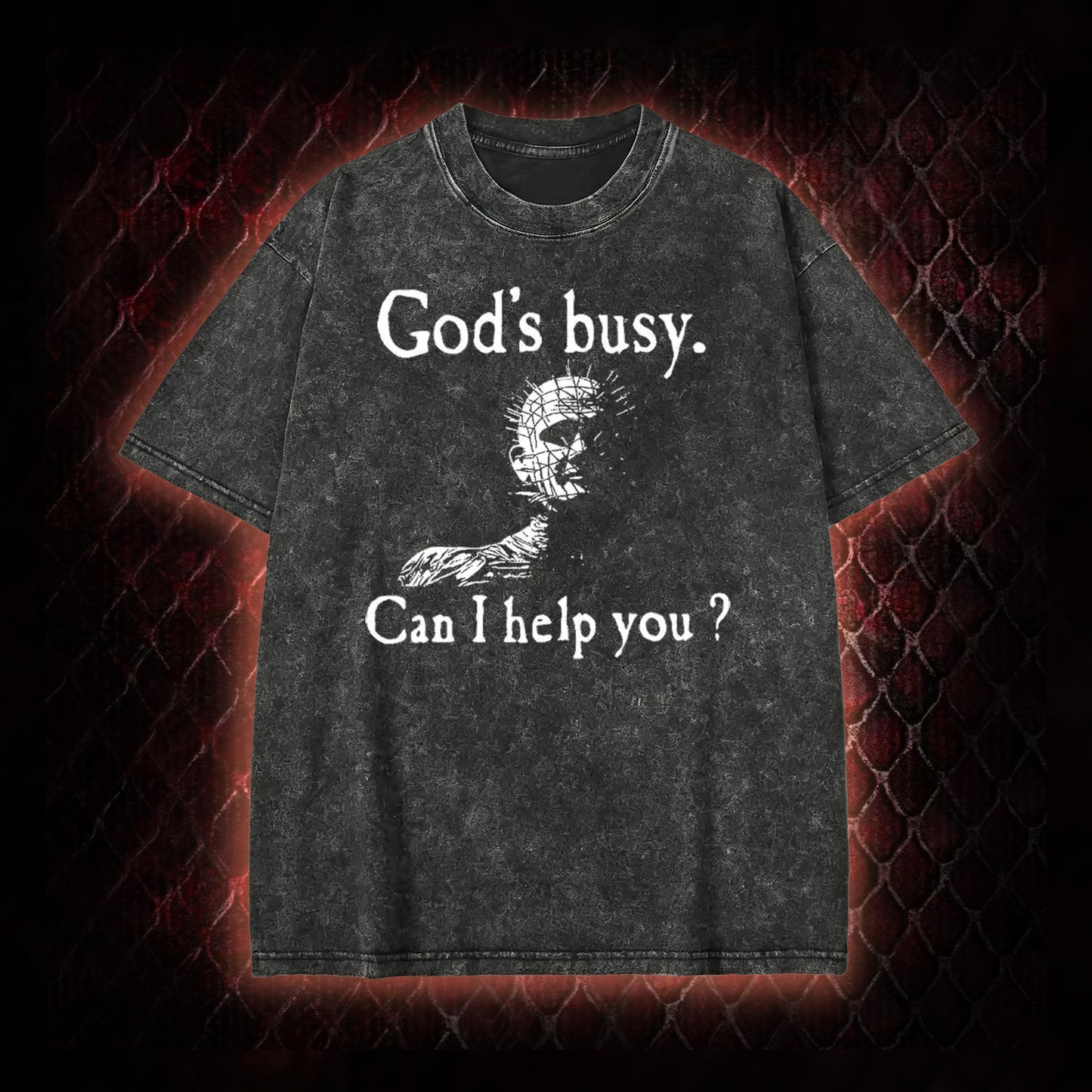 Hellraiser Pinhead 'God's Busy. Can I Help You?' Graphic Vintage-T-Shirt - Cult Horror Dark Humor Statement Piece