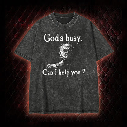 Hellraiser Pinhead 'God's Busy. Can I Help You?' Graphic Vintage-T-Shirt - Cult Horror Dark Humor Statement Piece