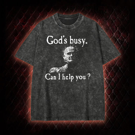 Hellraiser Pinhead 'God's Busy. Can I Help You?' Graphic Vintage-T-Shirt - Cult Horror Dark Humor Statement Piece