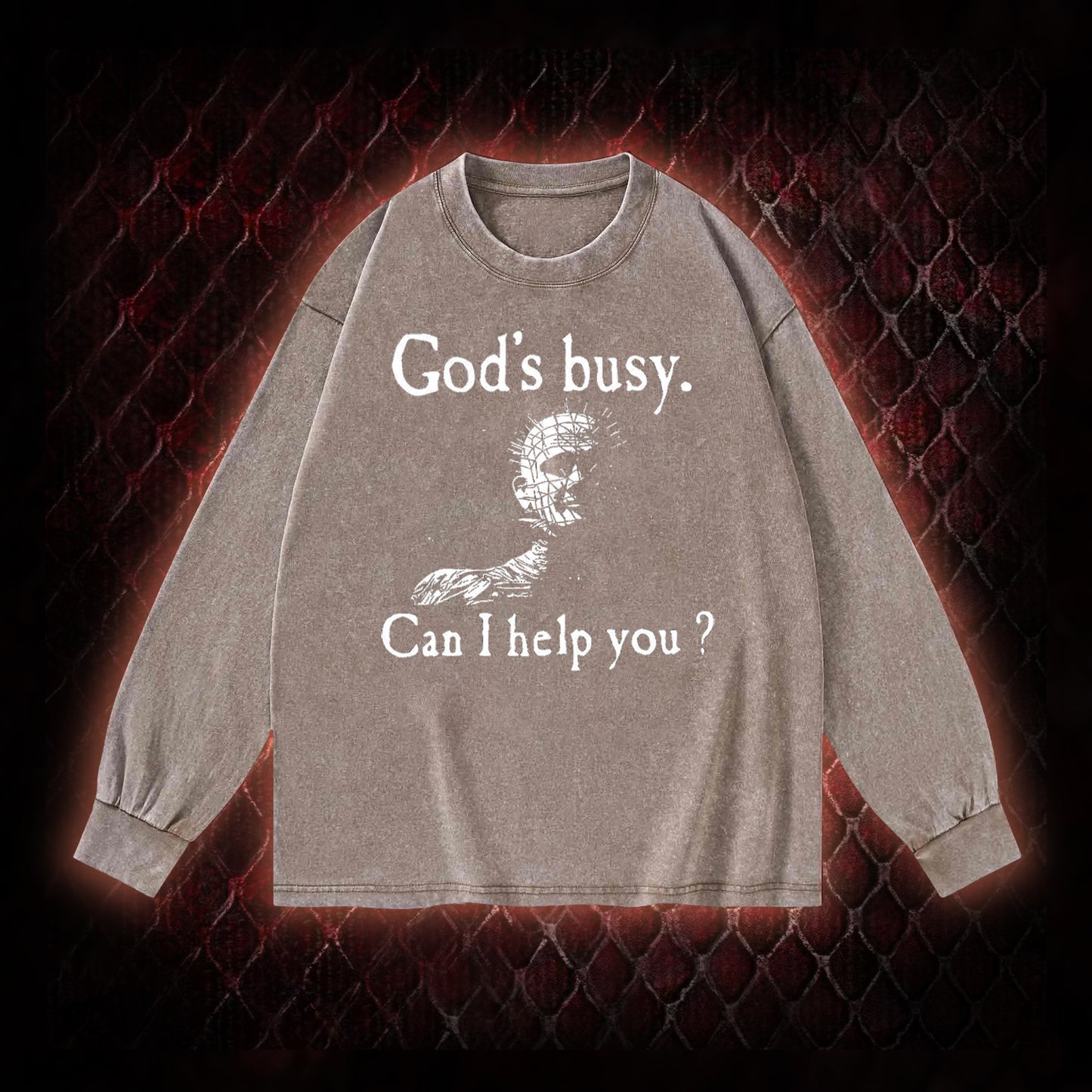 Hellraiser Pinhead 'God's Busy. Can I Help You?' Graphic Vintage-Sweatshirt  - Cult Horror Dark Humor Statement Piece