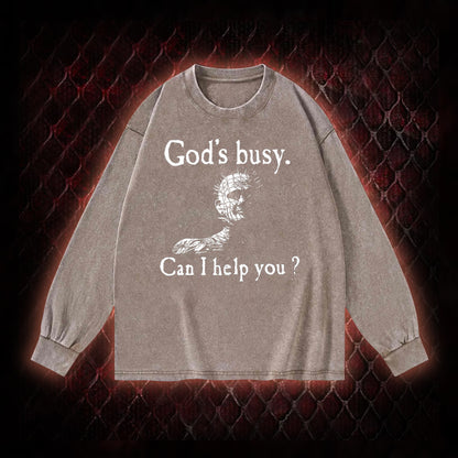 Hellraiser Pinhead 'God's Busy. Can I Help You?' Graphic Vintage-Sweatshirt  - Cult Horror Dark Humor Statement Piece
