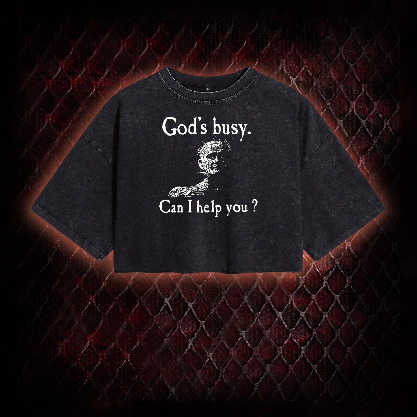 Hellraiser Pinhead 'God's Busy. Can I Help You?' Graphic Vintage-Cropped T-shirt  - Cult Horror Dark Humor Statement Piece