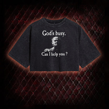 Hellraiser Pinhead 'God's Busy. Can I Help You?' Graphic Vintage-Cropped T-shirt  - Cult Horror Dark Humor Statement Piece