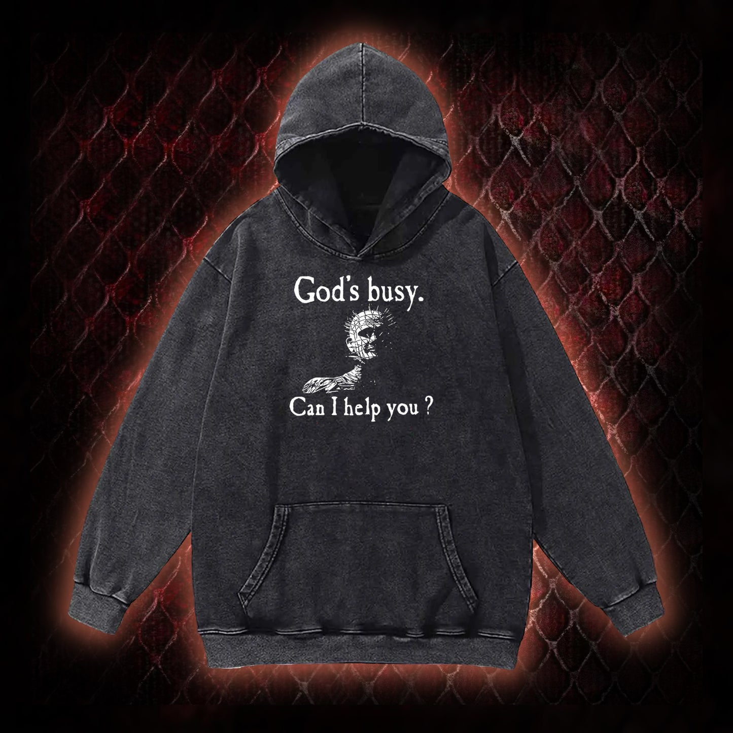 Hellraiser Pinhead 'God's Busy. Can I Help You?' Graphic Vintage-Hoodie - Cult Horror Dark Humor Statement Piece