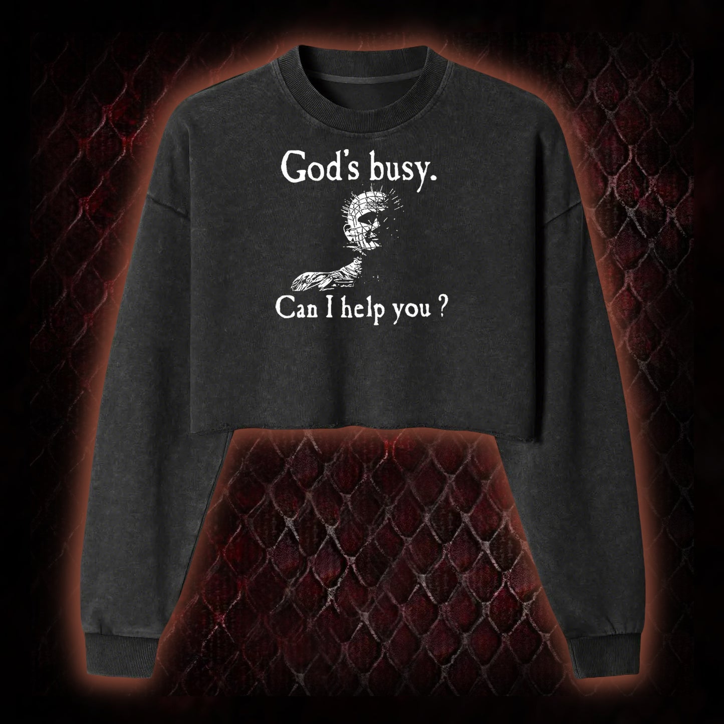 Hellraiser Pinhead 'God's Busy. Can I Help You?' Graphic Cropped Long-Sleeved  - Cult Horror Dark Humor Statement Piece