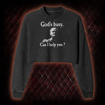 Hellraiser Pinhead 'God's Busy. Can I Help You?' Graphic Cropped Long-Sleeved  - Cult Horror Dark Humor Statement Piece