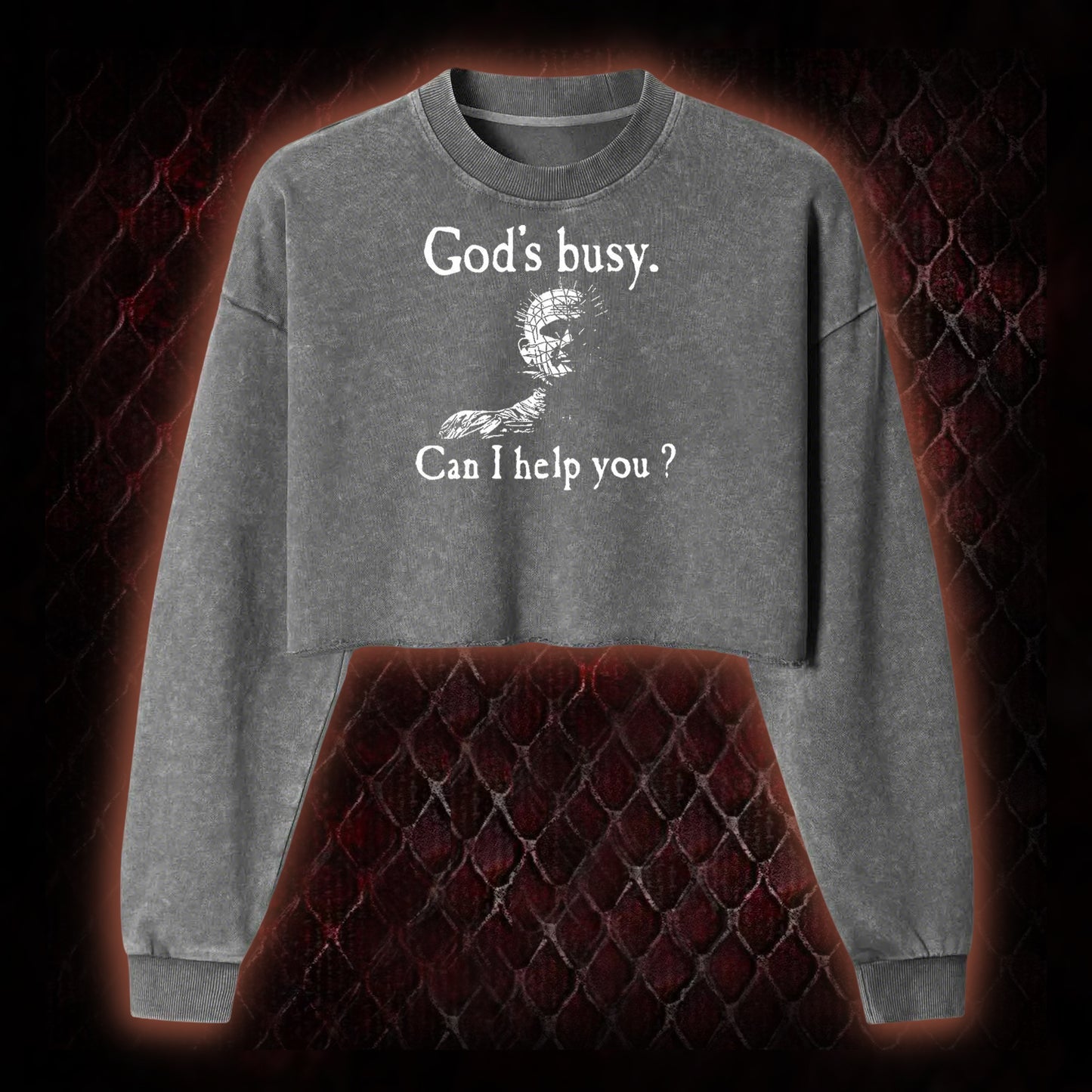 Hellraiser Pinhead 'God's Busy. Can I Help You?' Graphic Cropped Long-Sleeved  - Cult Horror Dark Humor Statement Piece