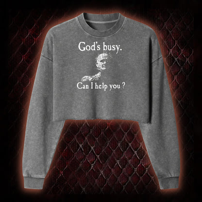 Hellraiser Pinhead 'God's Busy. Can I Help You?' Graphic Cropped Long-Sleeved  - Cult Horror Dark Humor Statement Piece