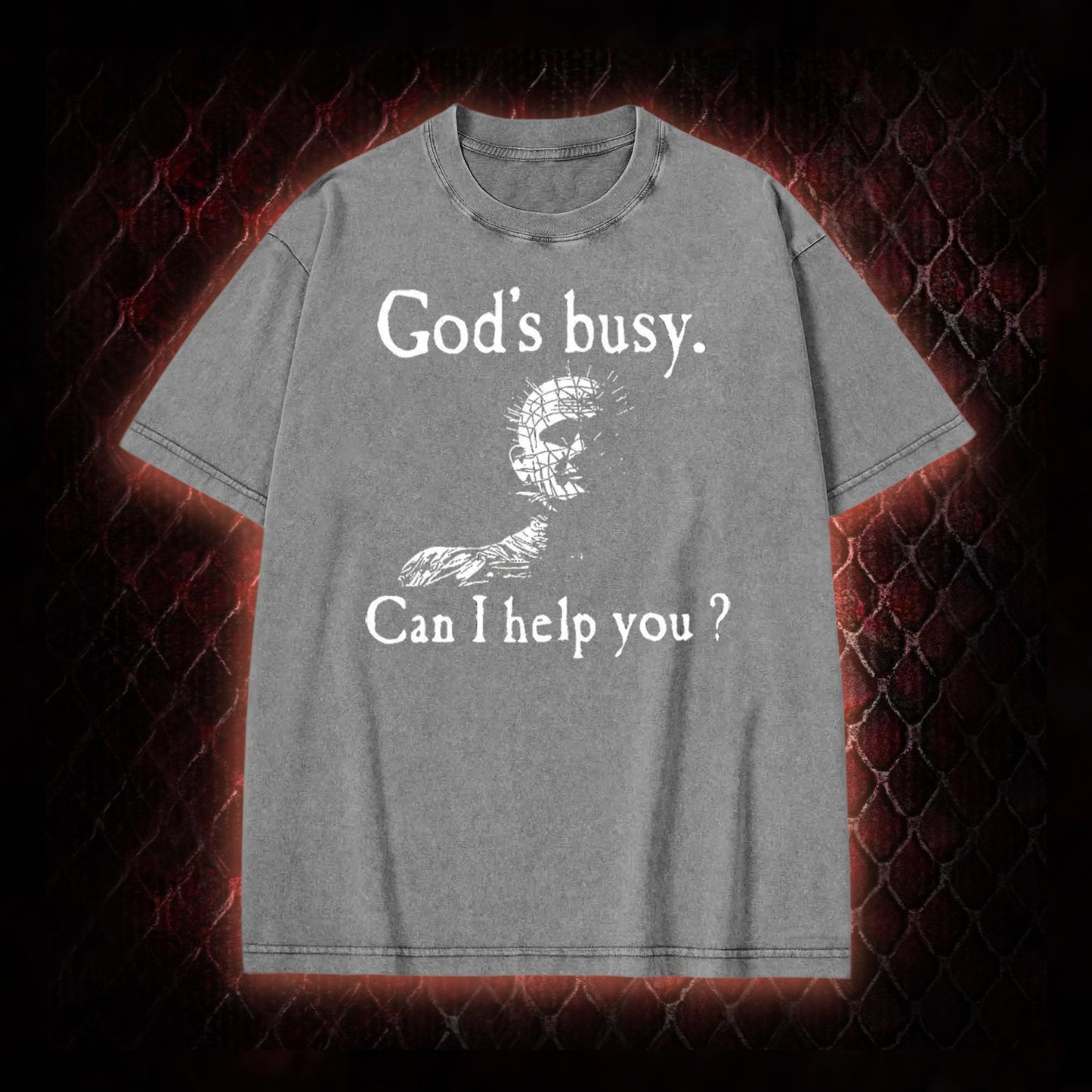 Hellraiser Pinhead 'God's Busy. Can I Help You?' Graphic Vintage-T-Shirt - Cult Horror Dark Humor Statement Piece