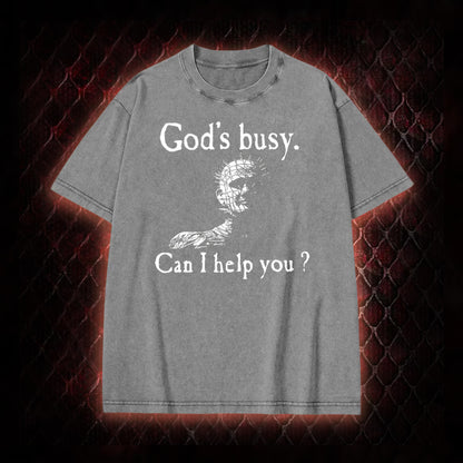 Hellraiser Pinhead 'God's Busy. Can I Help You?' Graphic Vintage-T-Shirt - Cult Horror Dark Humor Statement Piece