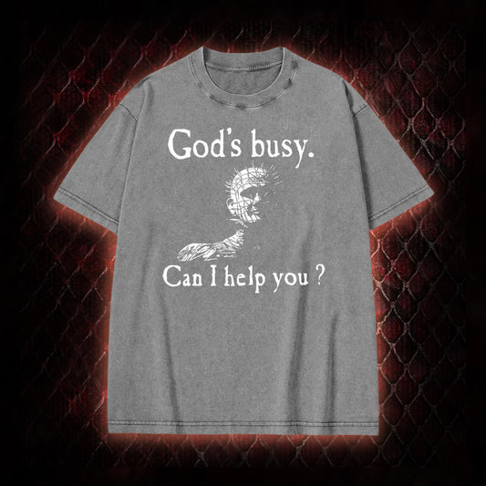 Hellraiser Pinhead 'God's Busy. Can I Help You?' Graphic Vintage-T-Shirt - Cult Horror Dark Humor Statement Piece