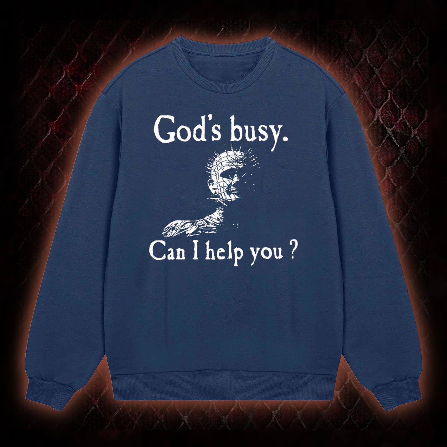 Hellraiser Pinhead 'God's Busy. Can I Help You?' Graphic Classic-Long-Sleeved - Cult Horror Dark Humor Statement Piece