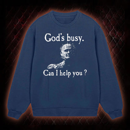 Hellraiser Pinhead 'God's Busy. Can I Help You?' Graphic Classic-Long-Sleeved - Cult Horror Dark Humor Statement Piece