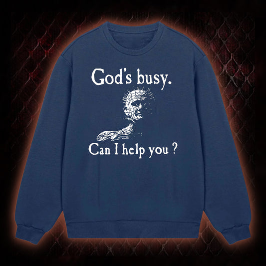 Hellraiser Pinhead 'God's Busy. Can I Help You?' Graphic Classic-Long-Sleeved - Cult Horror Dark Humor Statement Piece