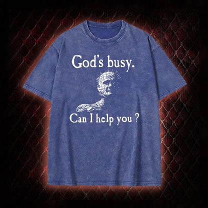 Hellraiser Pinhead 'God's Busy. Can I Help You?' Graphic Vintage-T-Shirt - Cult Horror Dark Humor Statement Piece