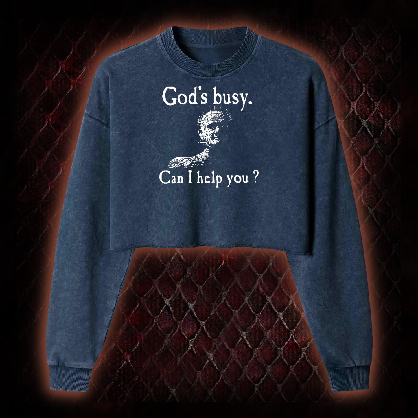 Hellraiser Pinhead 'God's Busy. Can I Help You?' Graphic Cropped Long-Sleeved  - Cult Horror Dark Humor Statement Piece