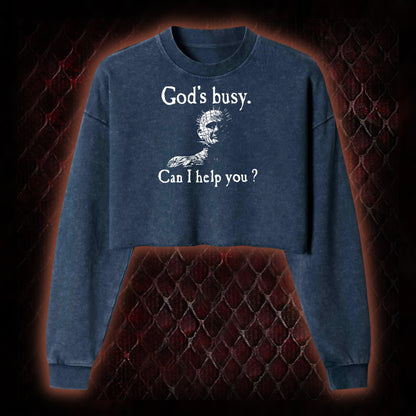 Hellraiser Pinhead 'God's Busy. Can I Help You?' Graphic Cropped Long-Sleeved  - Cult Horror Dark Humor Statement Piece