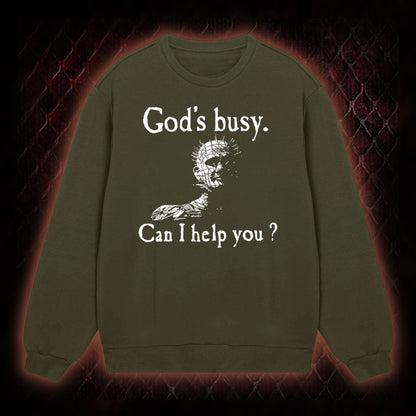Hellraiser Pinhead 'God's Busy. Can I Help You?' Graphic Classic-Long-Sleeved - Cult Horror Dark Humor Statement Piece