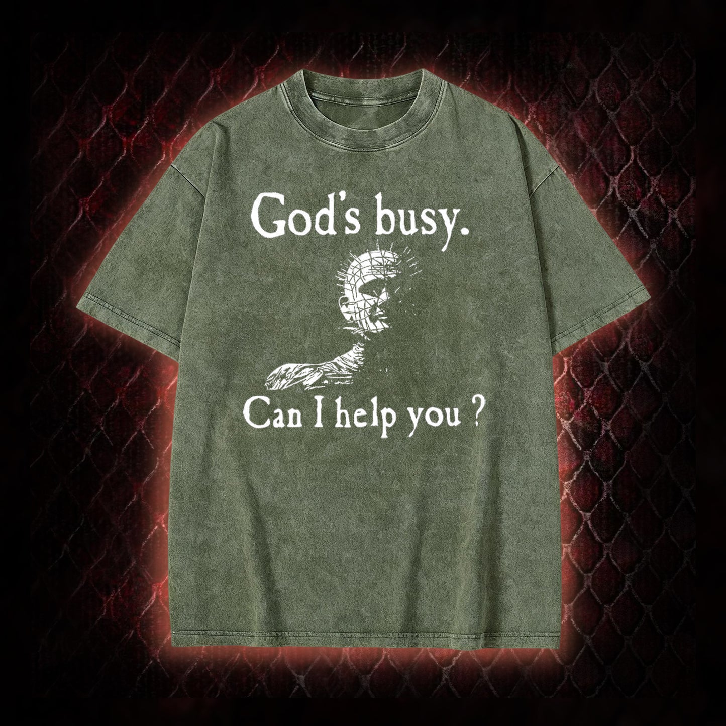 Hellraiser Pinhead 'God's Busy. Can I Help You?' Graphic Vintage-T-Shirt - Cult Horror Dark Humor Statement Piece