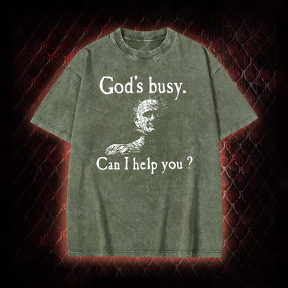Hellraiser Pinhead 'God's Busy. Can I Help You?' Graphic Vintage-T-Shirt - Cult Horror Dark Humor Statement Piece