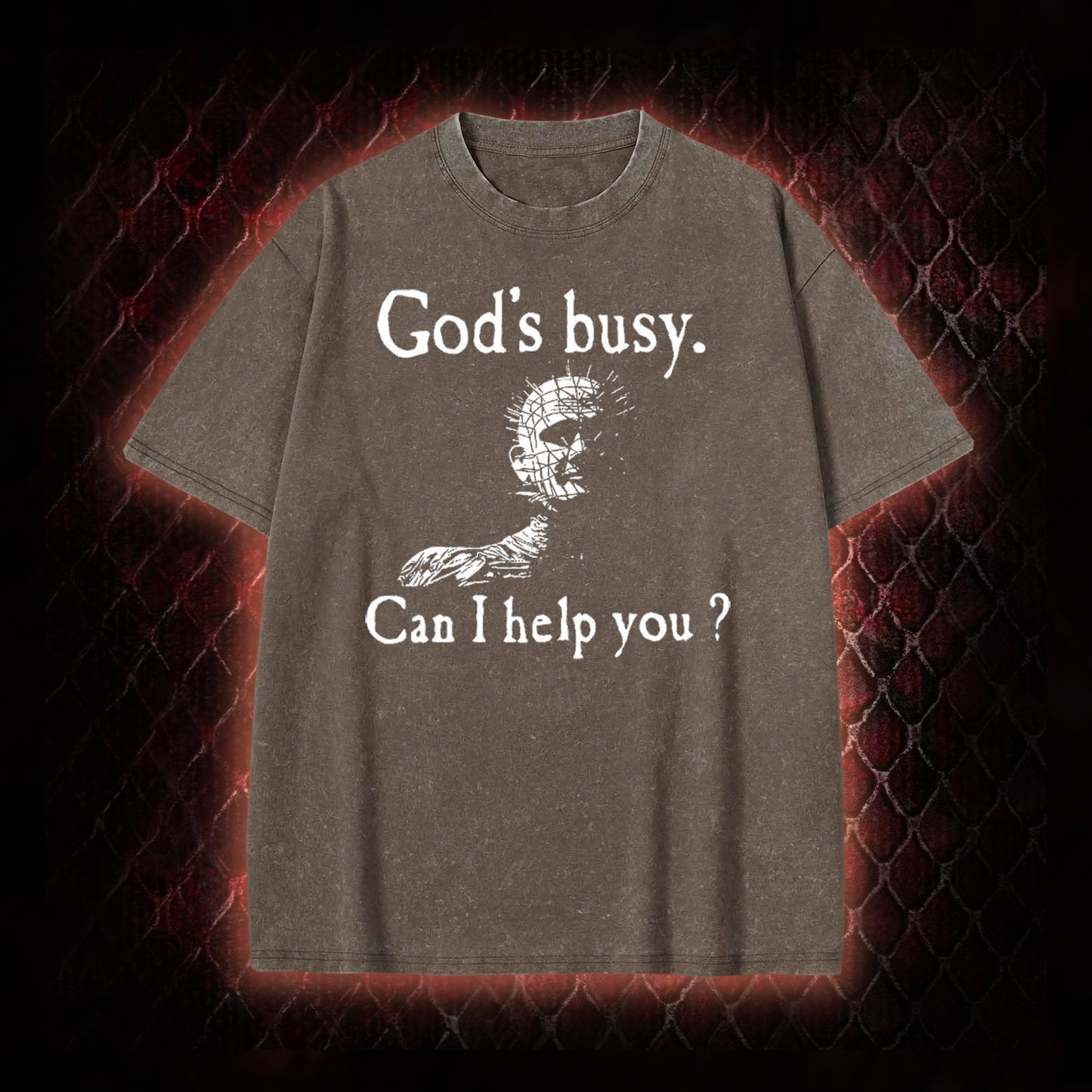 Hellraiser Pinhead 'God's Busy. Can I Help You?' Graphic Vintage-T-Shirt - Cult Horror Dark Humor Statement Piece