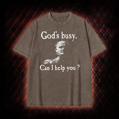 Hellraiser Pinhead 'God's Busy. Can I Help You?' Graphic Vintage-T-Shirt - Cult Horror Dark Humor Statement Piece