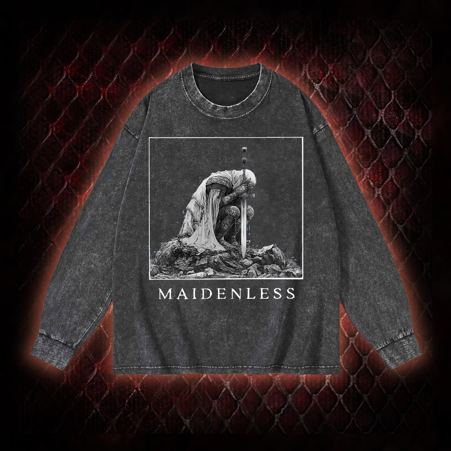 Elden Ring 'Maidenless' Tarnished Knight Graphic Vintage-Sweatshirt  - FromSoftware RPG Meme Tribute Piece