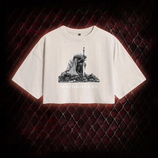 Elden Ring 'Maidenless' Tarnished Knight Graphic Vintage-Cropped T-shirt  - FromSoftware RPG Meme Tribute Piece