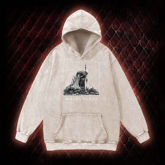 Elden Ring 'Maidenless' Tarnished Knight Graphic Vintage-Hoodie - FromSoftware RPG Meme Tribute Piece
