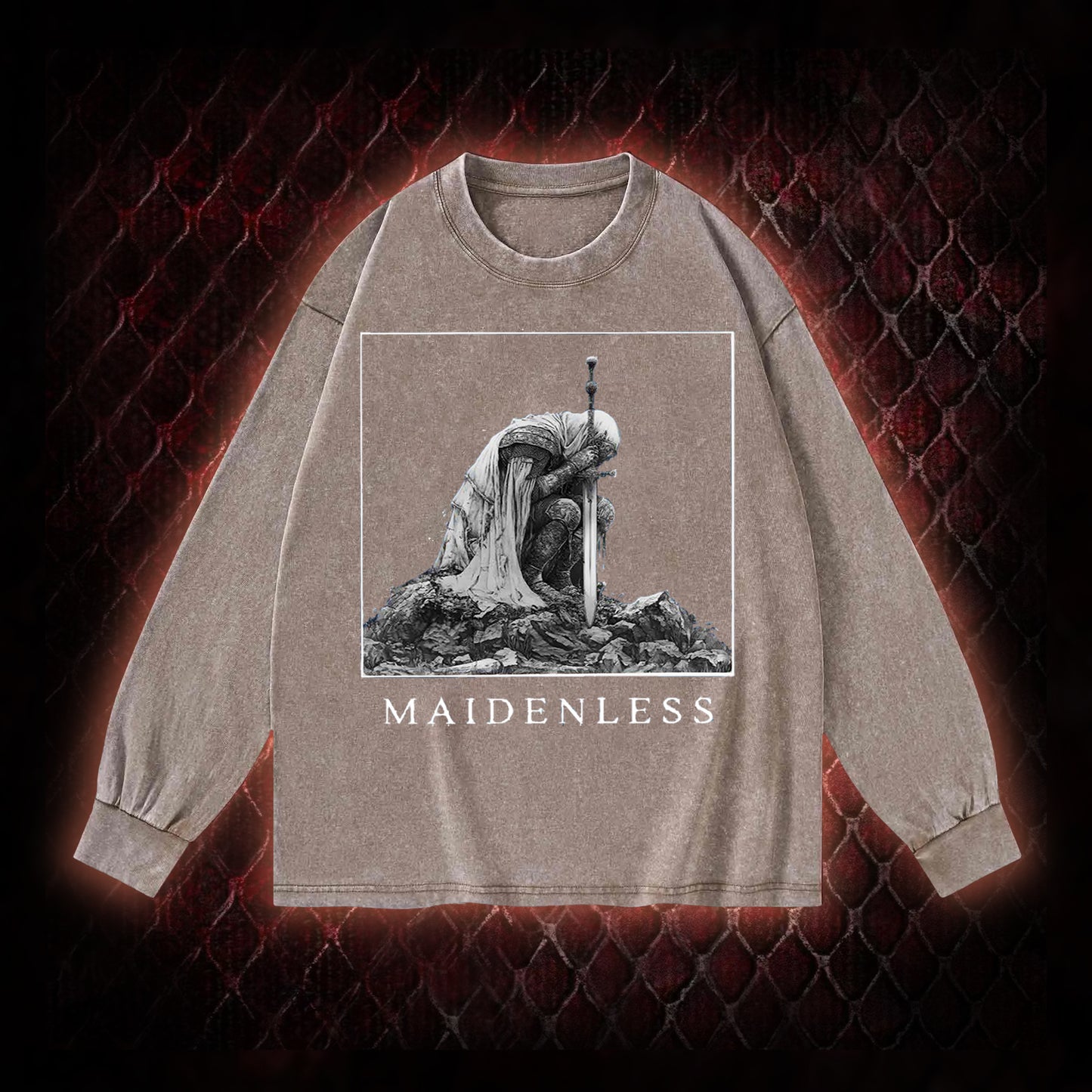Elden Ring 'Maidenless' Tarnished Knight Graphic Vintage-Sweatshirt  - FromSoftware RPG Meme Tribute Piece