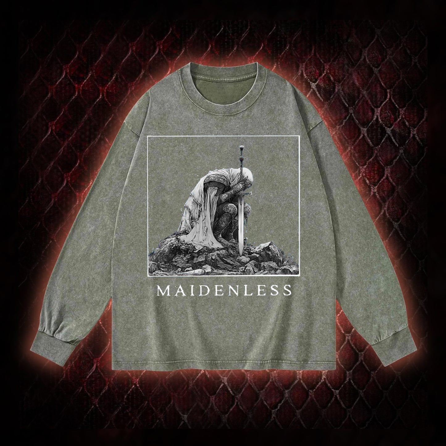 Elden Ring 'Maidenless' Tarnished Knight Graphic Vintage-Sweatshirt  - FromSoftware RPG Meme Tribute Piece