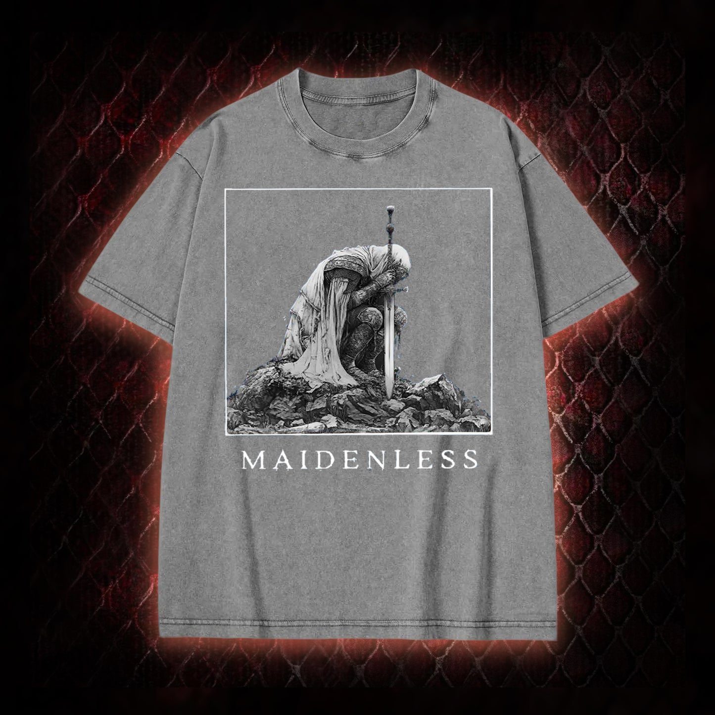 Elden Ring 'Maidenless' Tarnished Knight Graphic Vintage-T-Shirt - FromSoftware RPG Meme Tribute Piece