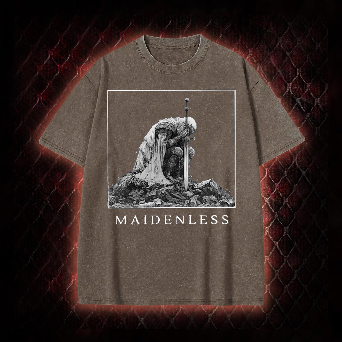 Elden Ring 'Maidenless' Tarnished Knight Graphic Vintage-T-Shirt - FromSoftware RPG Meme Tribute Piece