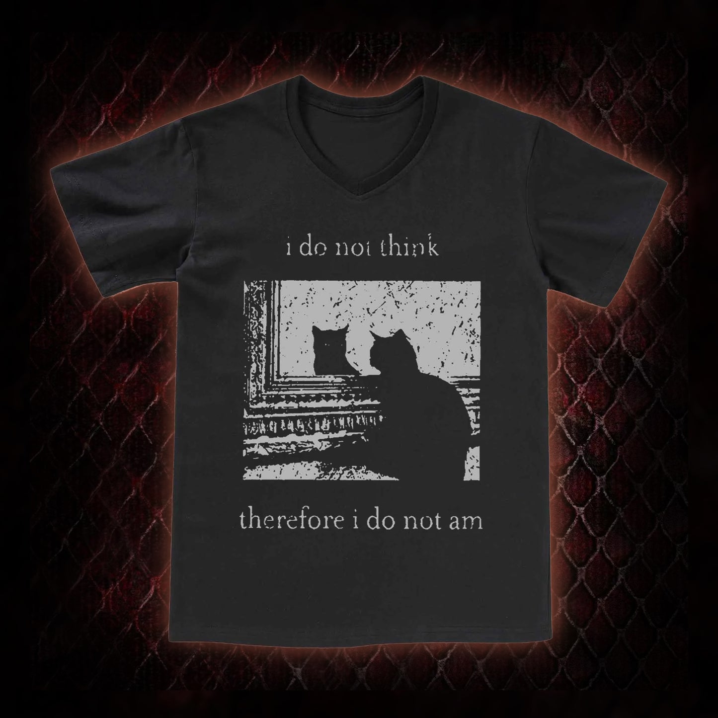 Philosophical Cat Meme 'I Do Not Think Therefore I Do Not Am' Graphic V-Neck T-Shirt - Humorous Philosophy & Cat Enthusiast Statement Piece