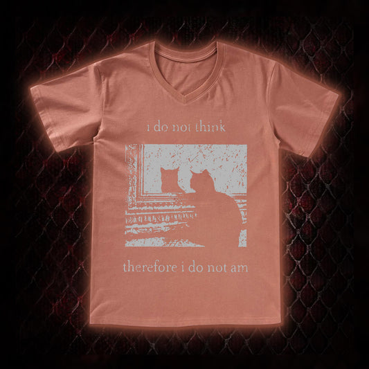 Philosophical Cat Meme 'I Do Not Think Therefore I Do Not Am' Graphic V-Neck T-Shirt - Humorous Philosophy & Cat Enthusiast Statement Piece