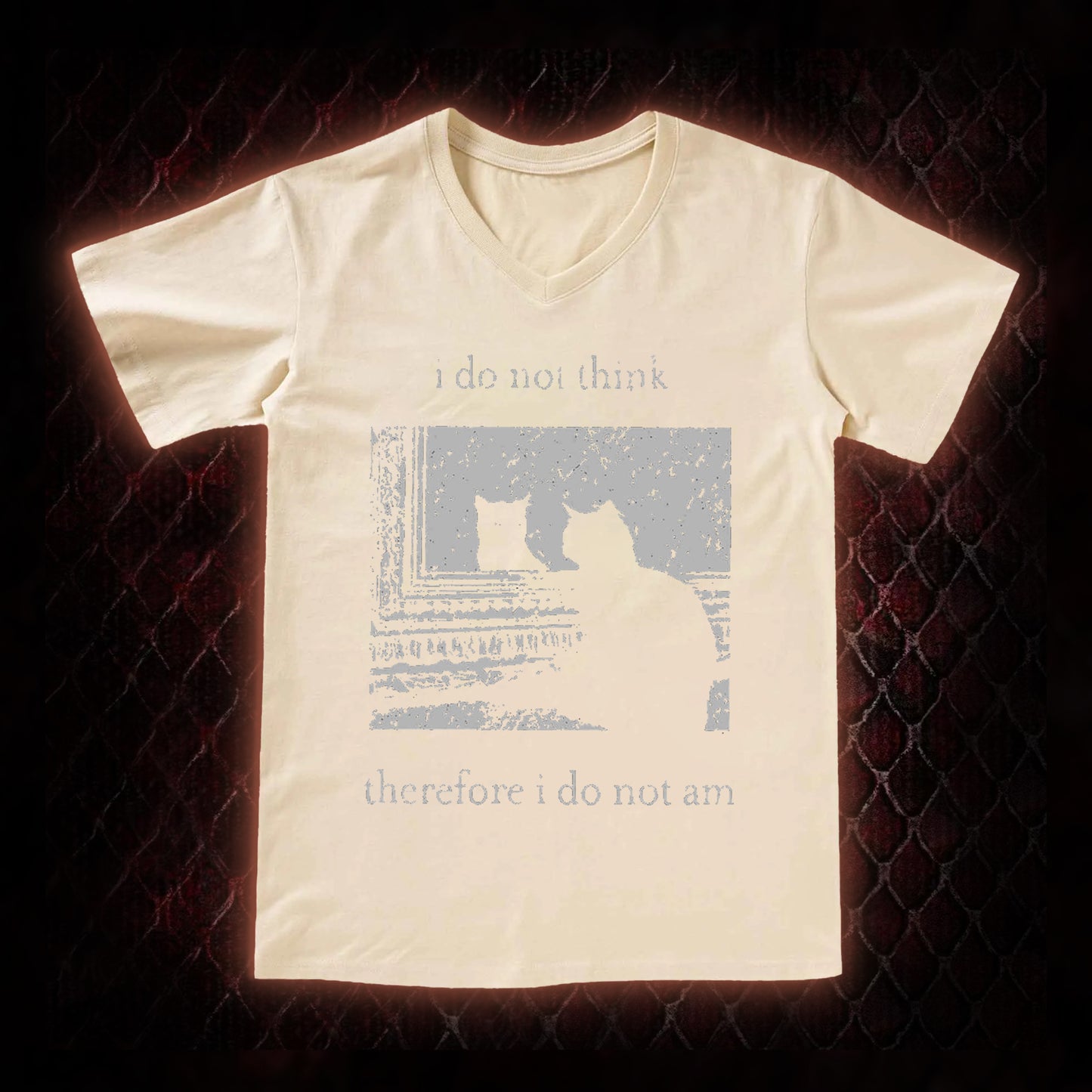 Philosophical Cat Meme 'I Do Not Think Therefore I Do Not Am' Graphic V-Neck T-Shirt - Humorous Philosophy & Cat Enthusiast Statement Piece
