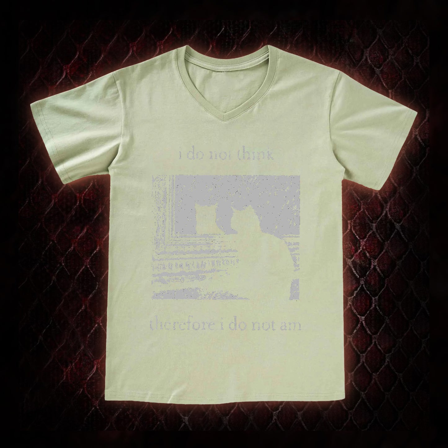 Philosophical Cat Meme 'I Do Not Think Therefore I Do Not Am' Graphic V-Neck T-Shirt - Humorous Philosophy & Cat Enthusiast Statement Piece