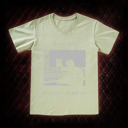 Philosophical Cat Meme 'I Do Not Think Therefore I Do Not Am' Graphic V-Neck T-Shirt - Humorous Philosophy & Cat Enthusiast Statement Piece
