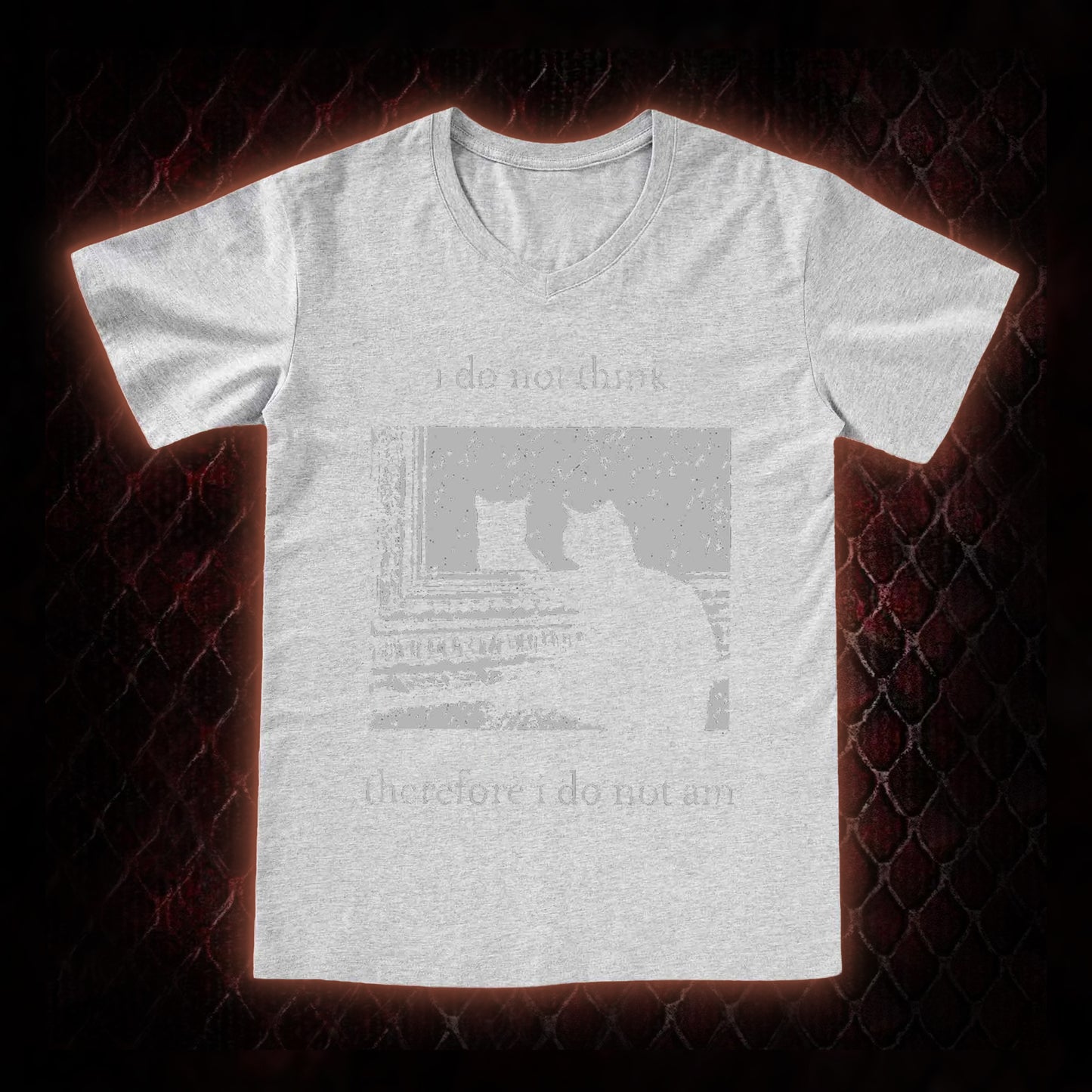 Philosophical Cat Meme 'I Do Not Think Therefore I Do Not Am' Graphic V-Neck T-Shirt - Humorous Philosophy & Cat Enthusiast Statement Piece