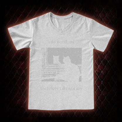 Philosophical Cat Meme 'I Do Not Think Therefore I Do Not Am' Graphic V-Neck T-Shirt - Humorous Philosophy & Cat Enthusiast Statement Piece