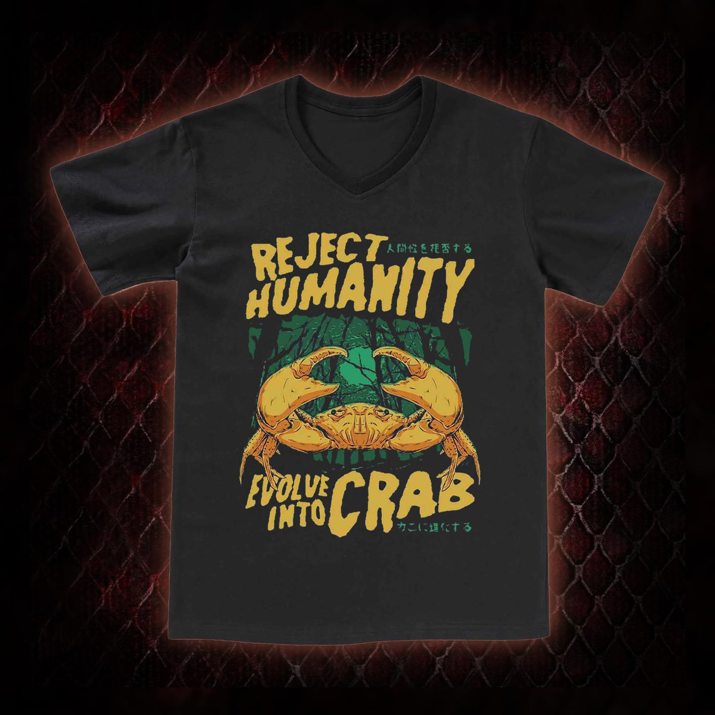 Reject Humanity Evolve Into Crab Meme Graphic V-Neck T-Shirt - Viral Internet Humor Statement Piece