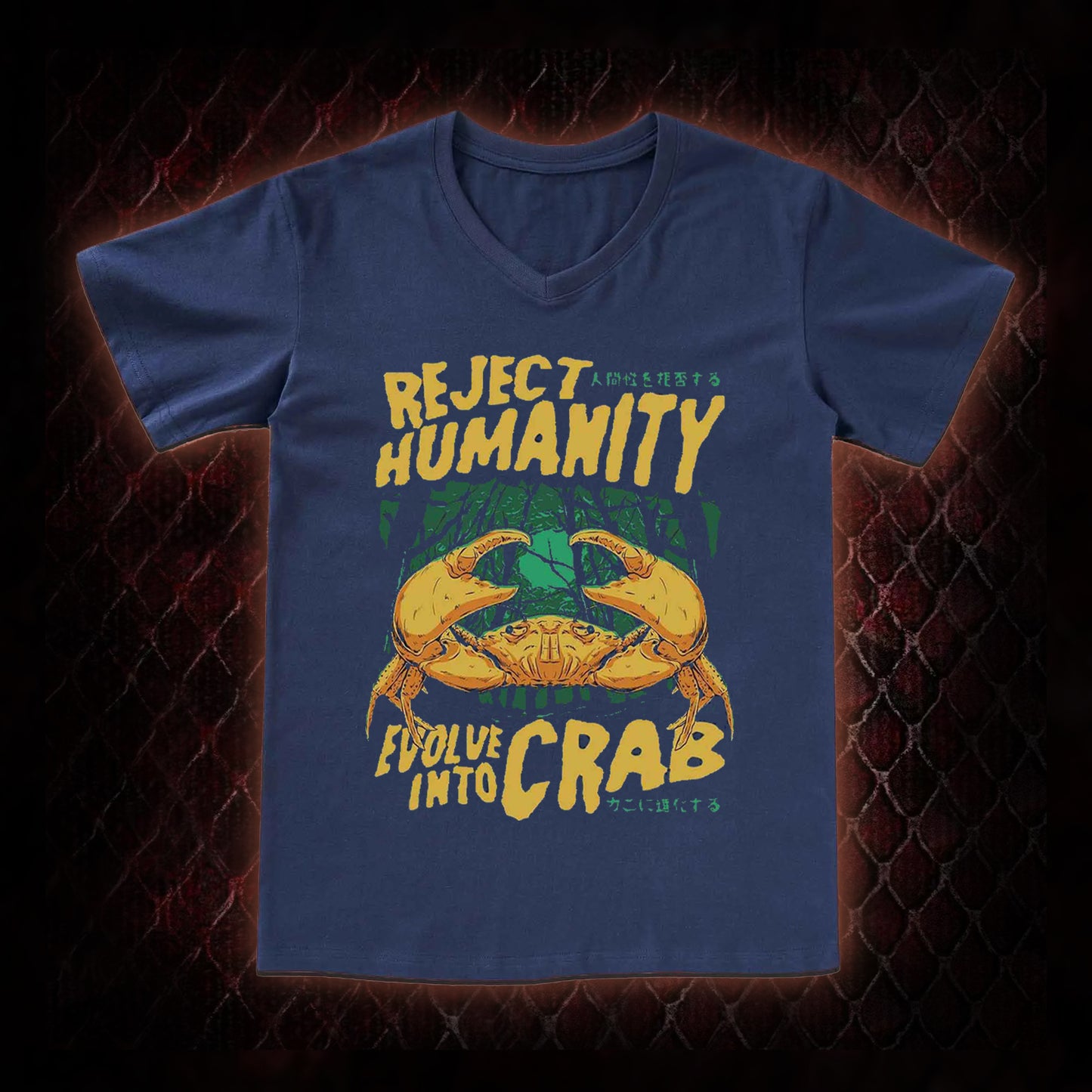 Reject Humanity Evolve Into Crab Meme Graphic V-Neck T-Shirt - Viral Internet Humor Statement Piece