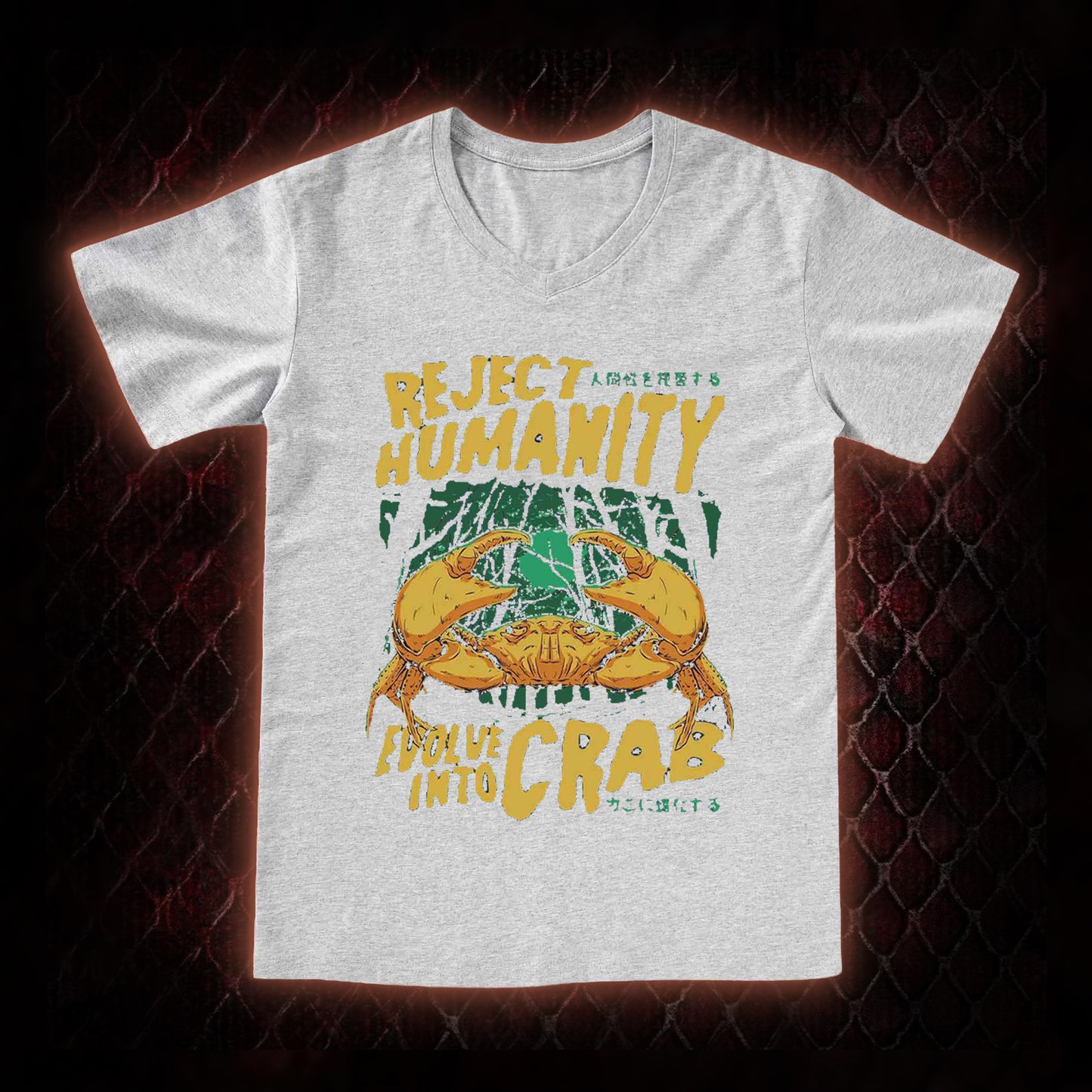 Reject Humanity Evolve Into Crab Meme Graphic V-Neck T-Shirt - Viral Internet Humor Statement Piece