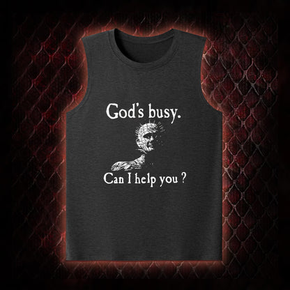 Hellraiser Pinhead 'God's Busy. Can I Help You?' Graphic Classic-Tank - Cult Horror Dark Humor Statement Piece