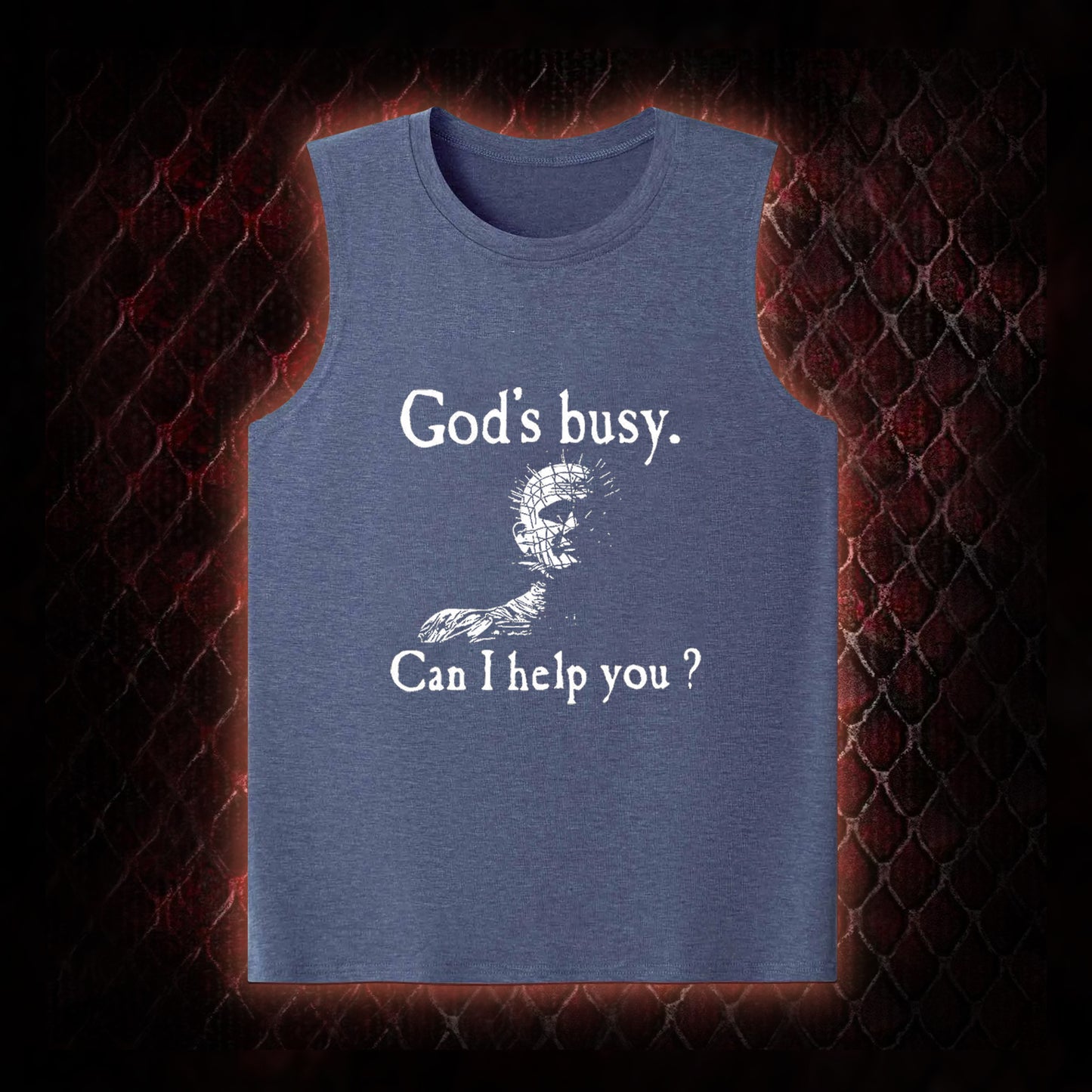 Hellraiser Pinhead 'God's Busy. Can I Help You?' Graphic Classic-Tank - Cult Horror Dark Humor Statement Piece