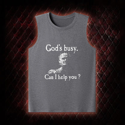 Hellraiser Pinhead 'God's Busy. Can I Help You?' Graphic Classic-Tank - Cult Horror Dark Humor Statement Piece