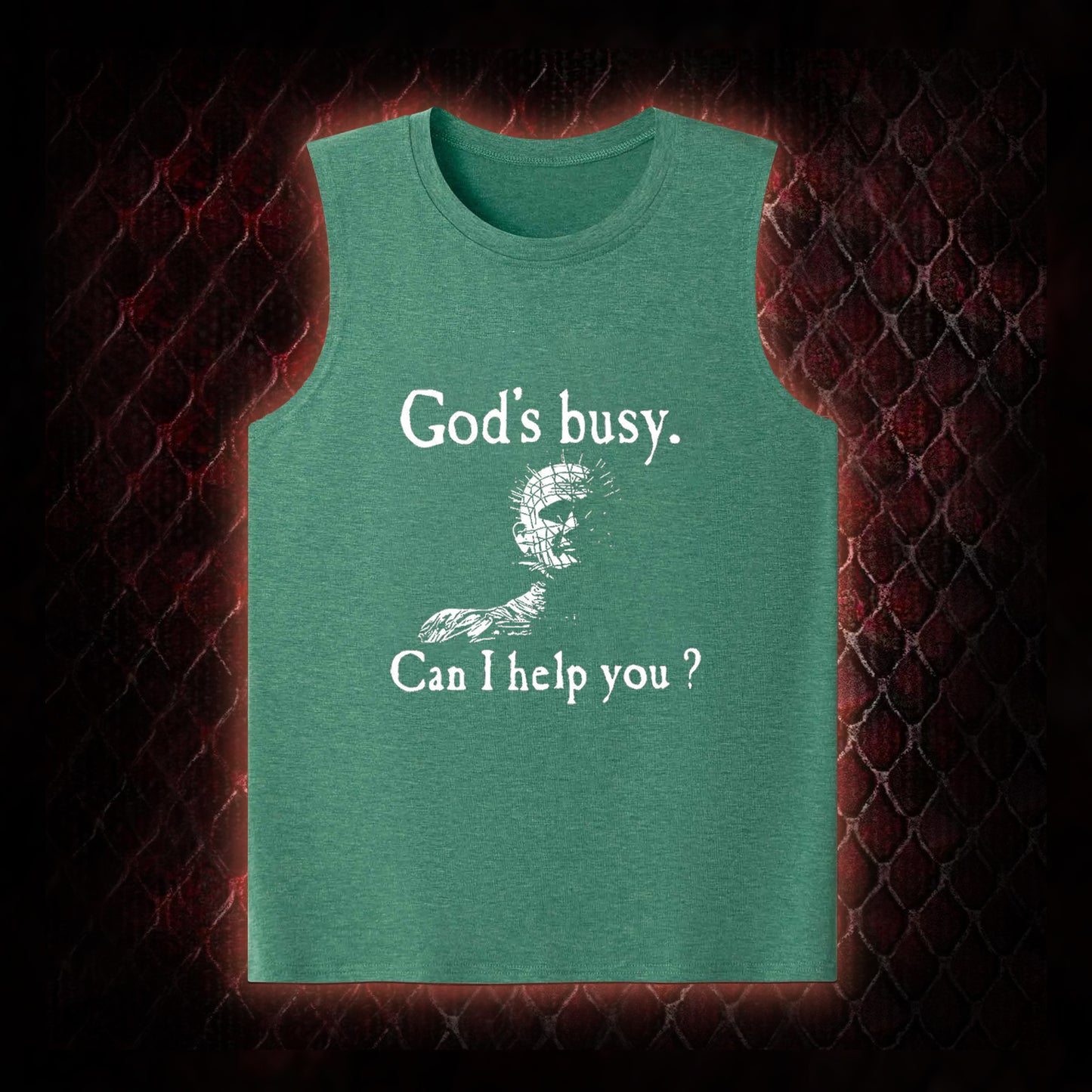 Hellraiser Pinhead 'God's Busy. Can I Help You?' Graphic Classic-Tank - Cult Horror Dark Humor Statement Piece